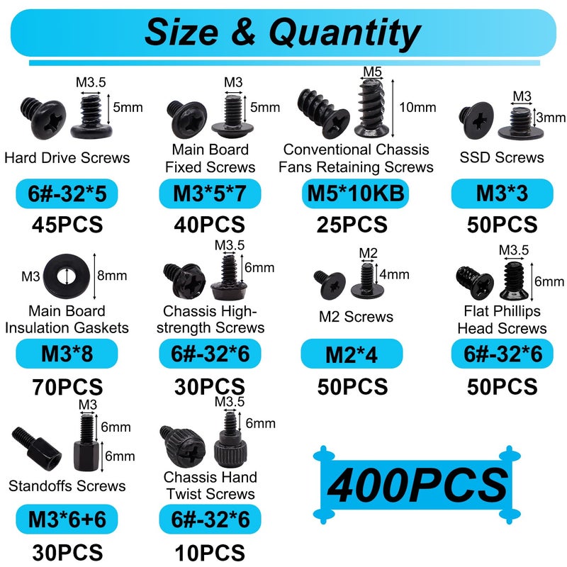 Bemaka 400Pcs Computer Screws Assortment Kit, Motherboard Standoffs Screws PC Screws for Universal Motherboard, SSD, Hard Drive, PC Case, PC Fan, for DIY PC Installation and Repair - Image 2